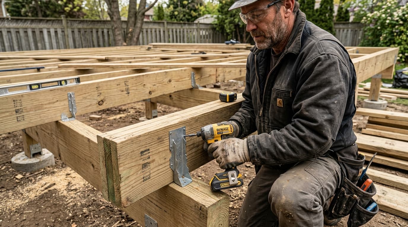 Deck framing with joist hangers