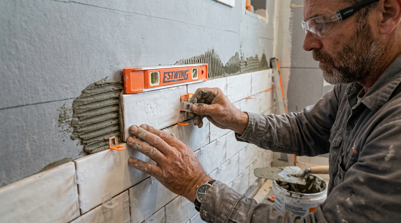 Tile contractor installing shower wall waterproofing and tile