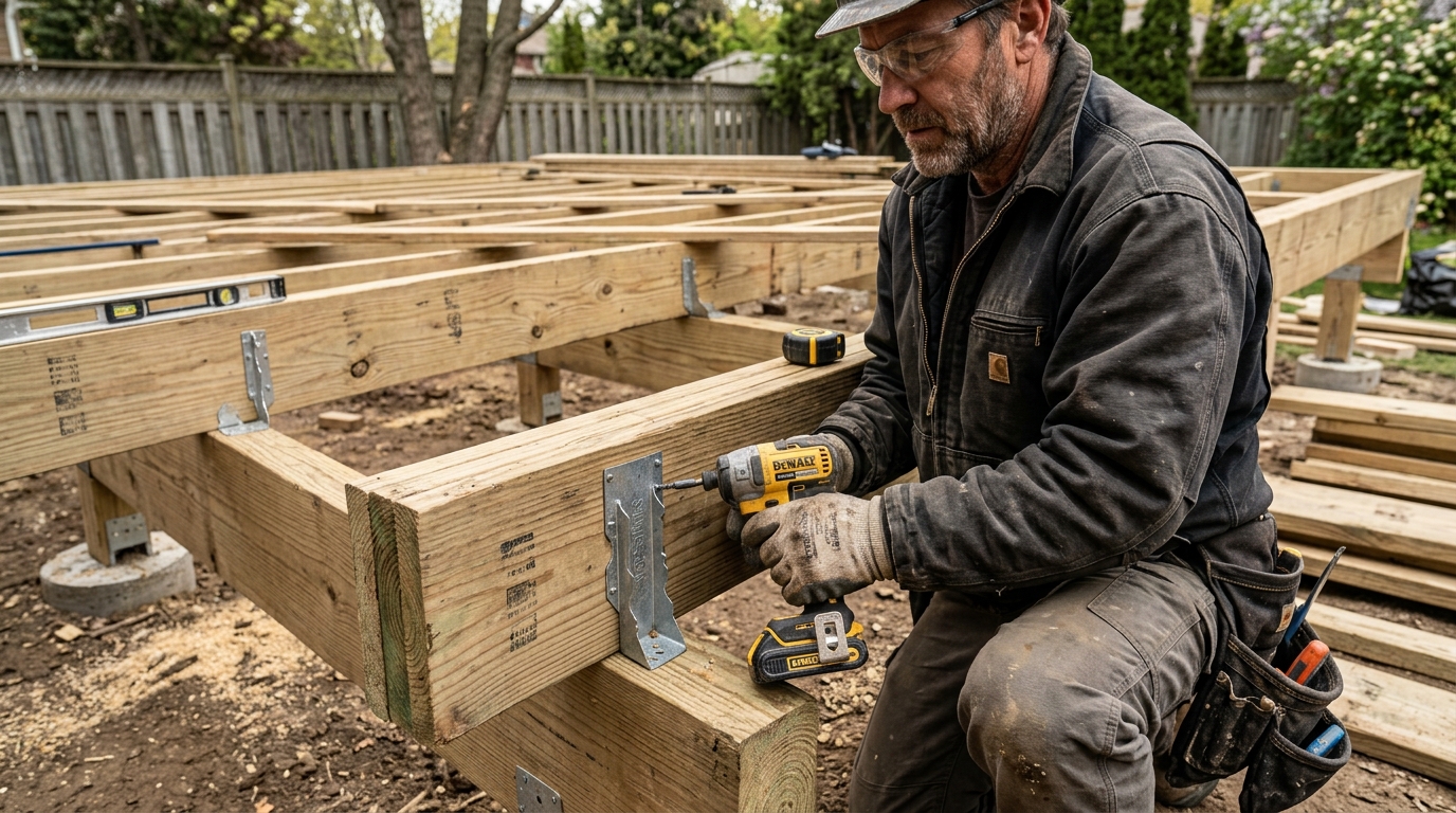 Carpentry contractor framing deck with joist hangers