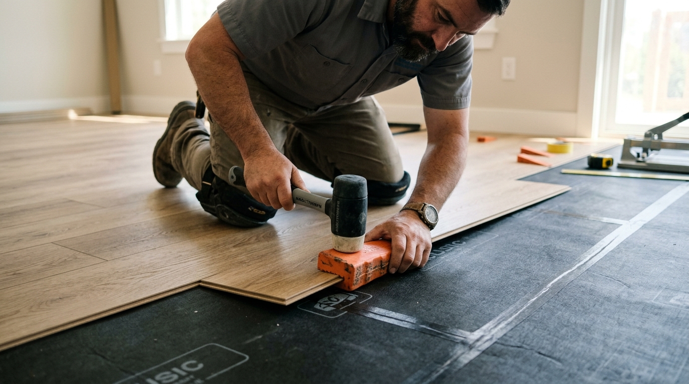 Flooring installer setting planks with tapping block