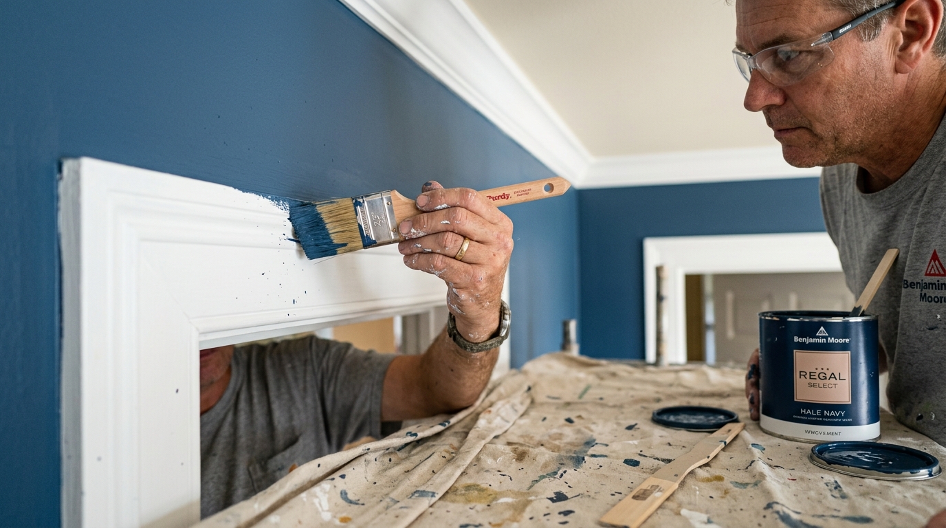 Painter cutting in razor sharp line at crown molding