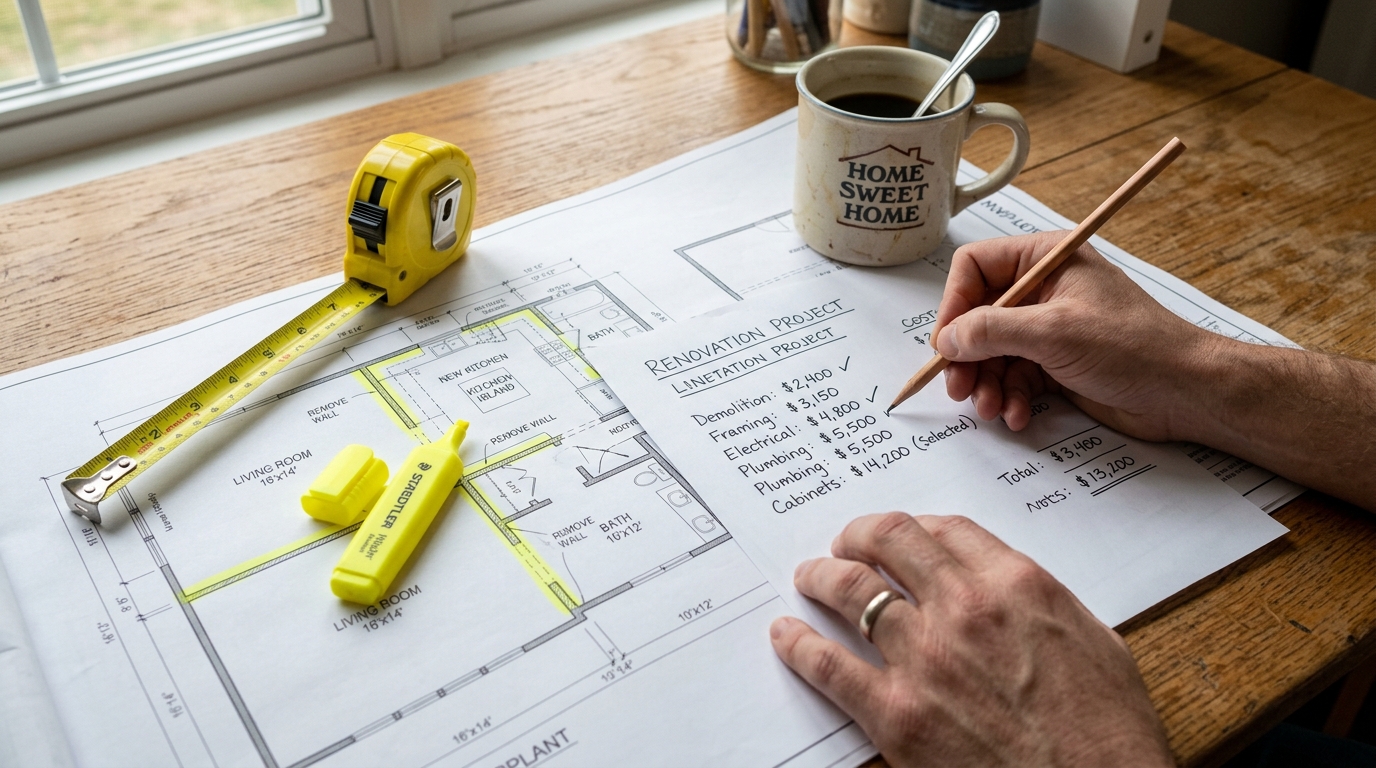 Homeowner reviewing contractor quote with blueprints and tape measure