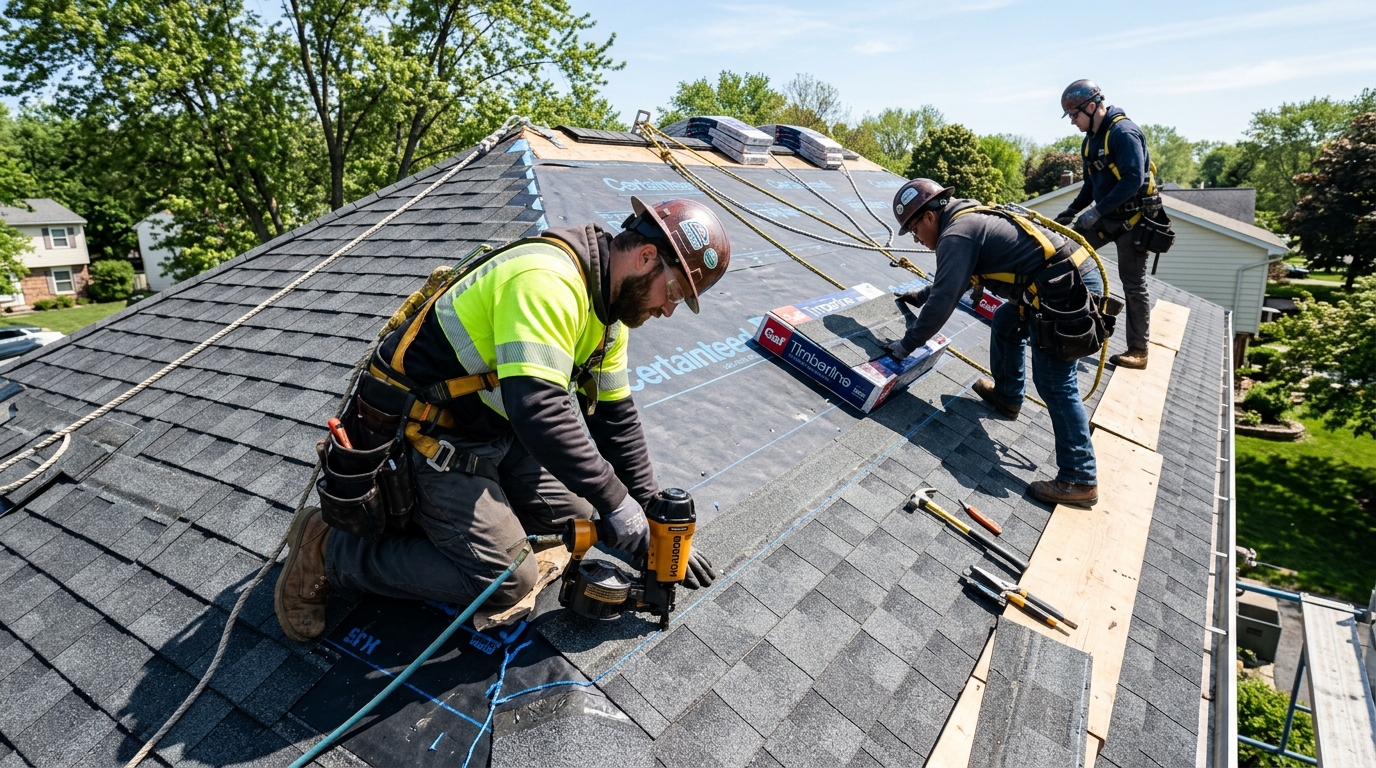 Roofers installing shingles with pneumatic nailers
